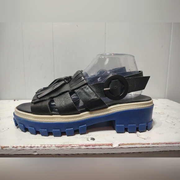 Manolita Demain Tratorada Preta Platform Sandals Black Leather Blue Sole Size 37 - Picture 6 of 9